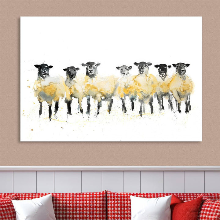 The Farmhouse Wall Art Sheep Print, ready to hang as a framed canvas, adorns the black wall, adding a hint of rustic barn decor.