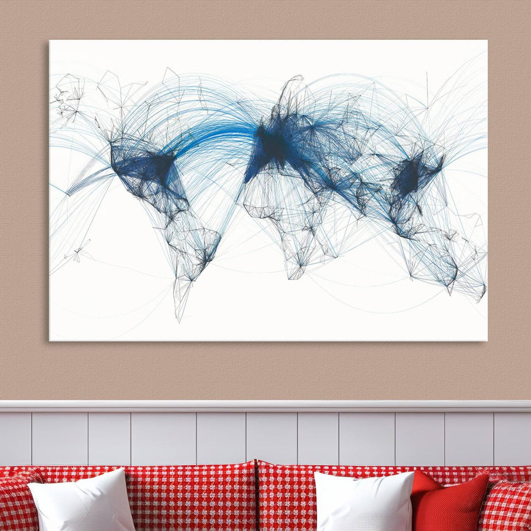 The Aviation Flight Map Wall Art is a set of three abstract panels featuring a world map with blue lines, resembling a flight map. Ideal for aviation enthusiasts, this ready-to-hang framed air traffic art print enhances the appeal of modern decor.