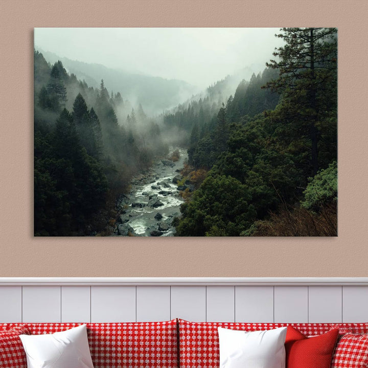 Misty Forest Wall Art | Ready to Hang and Framed | Tranquil Nature Landscape for Living Room or Cabin Wall Decor