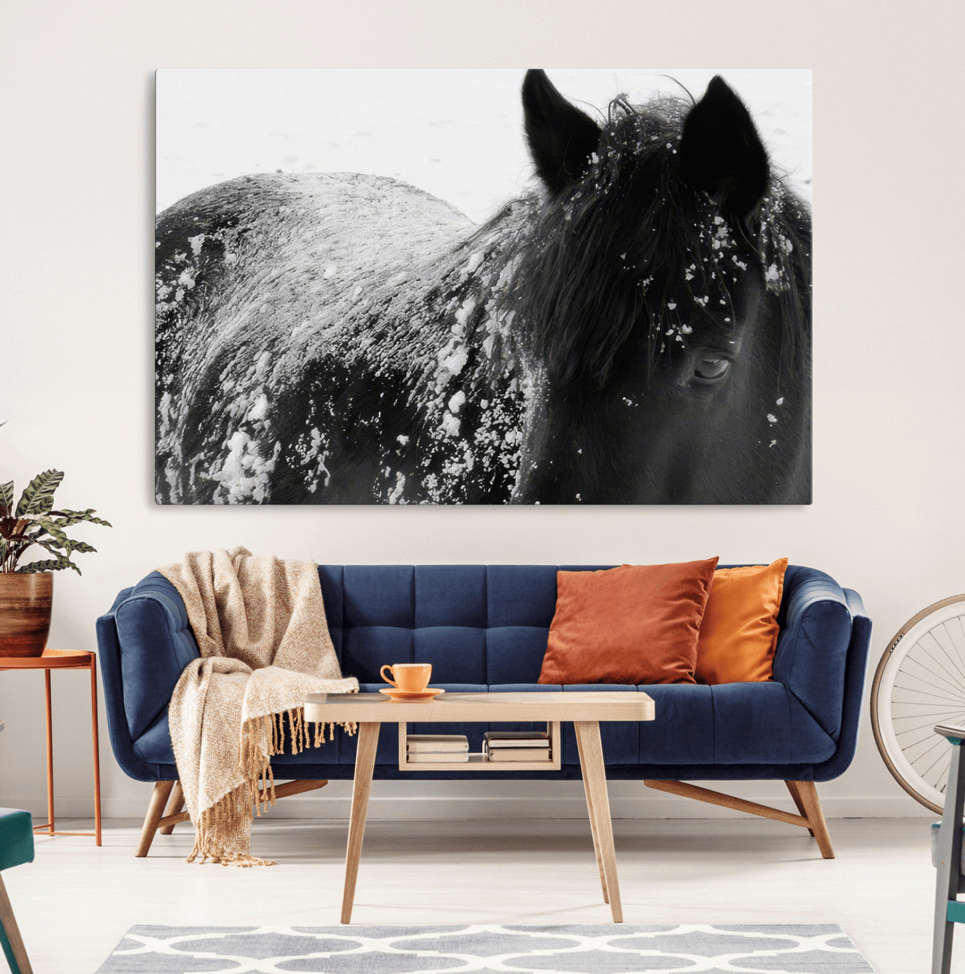 MGV-CV-36X24 - Black Horse in Snow Canvas Print | Winter Horse Wall Art | Ready to Hang and Framed | Farmhouse Wall