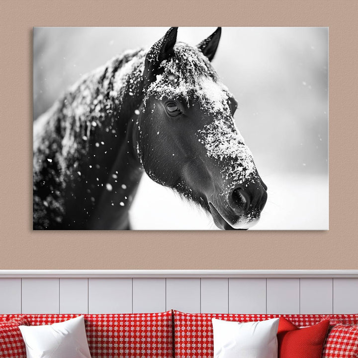 A set of Winter Horse Snow Wall Art Canvas Prints hangs, creating the perfect touch of Rustic Cabin Decor.