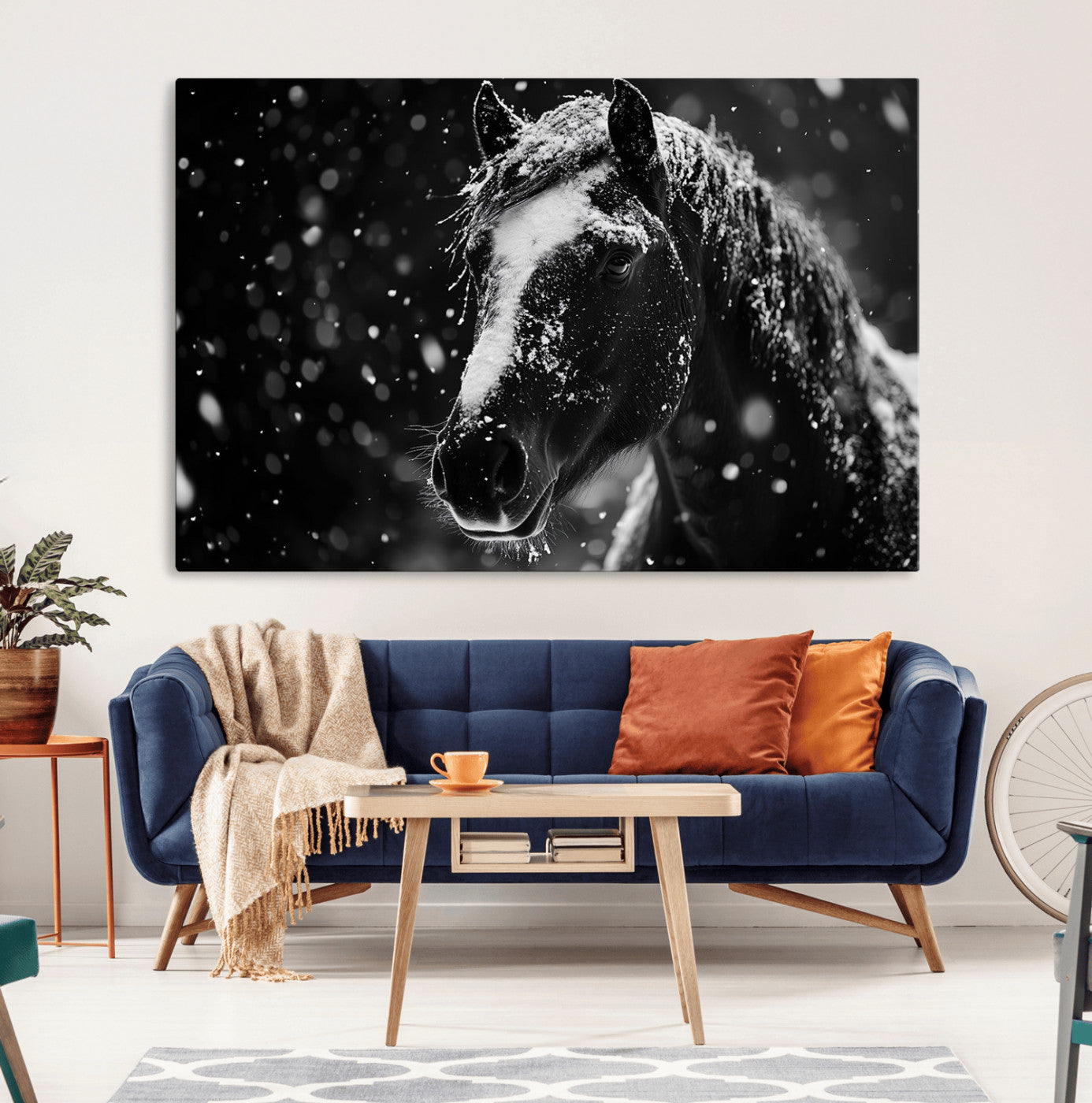 MGV-CV-36X24 - Winter Horse Wall Art | Black and White Horse Print | Ready to Hang and Framed | Farmhouse Wall Art