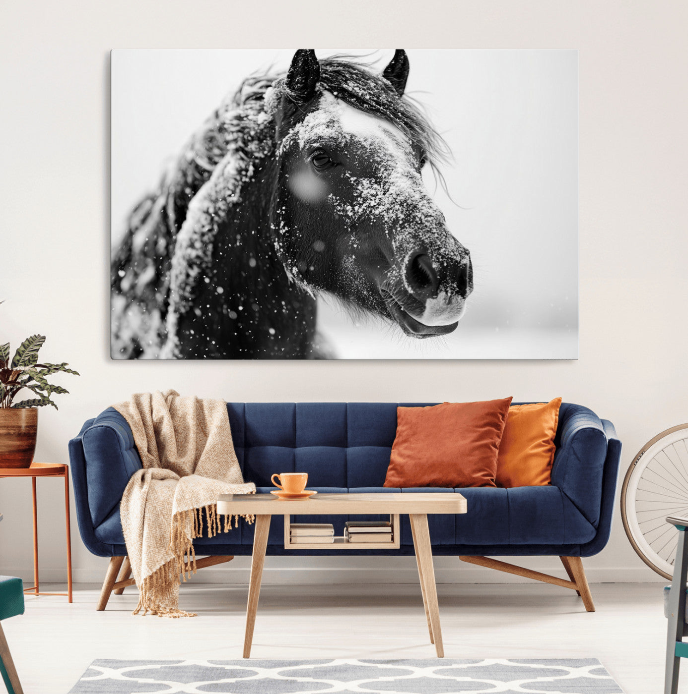 MGV-CV-36X24 - Winter Horse Canvas Print | Large 3-Panel Black White Equine Photography for Rustic Farmhouse Wall