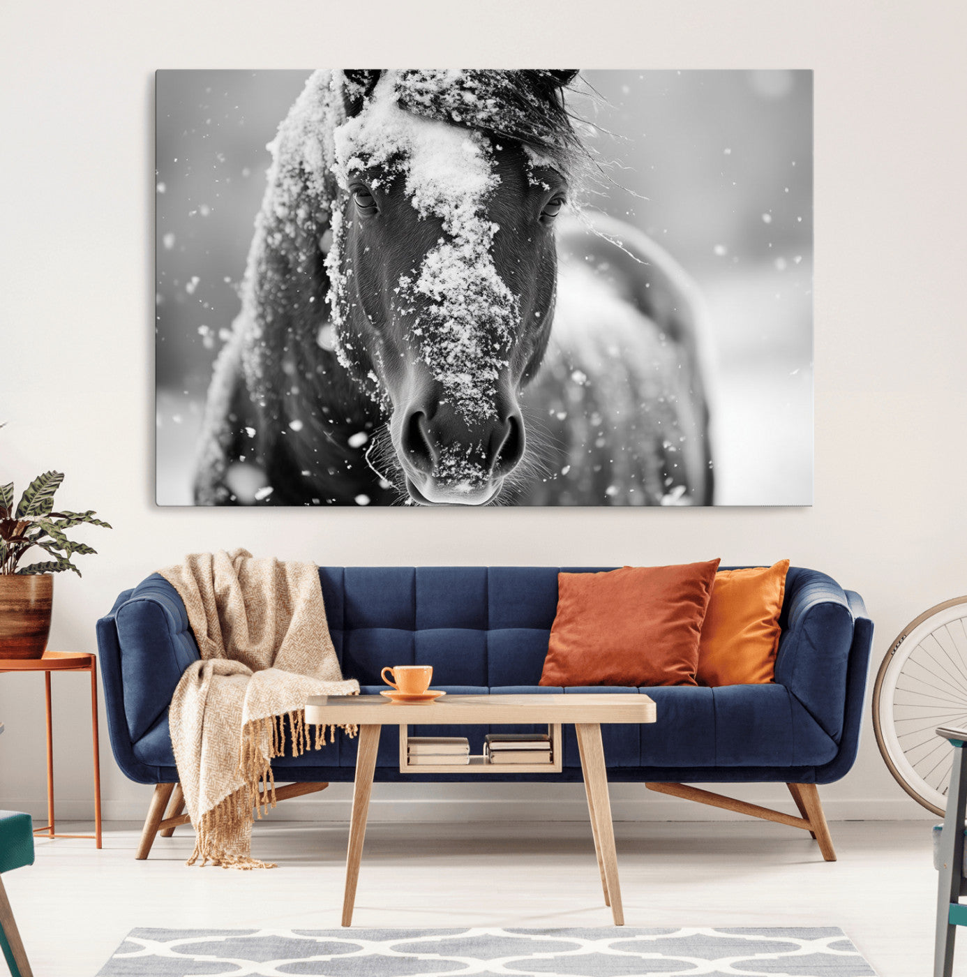 MGV-CV-36X24 - Black and White Horse Winter Wall Art | Ready to Hang and Framed | Farmhouse Wall Decor | Western