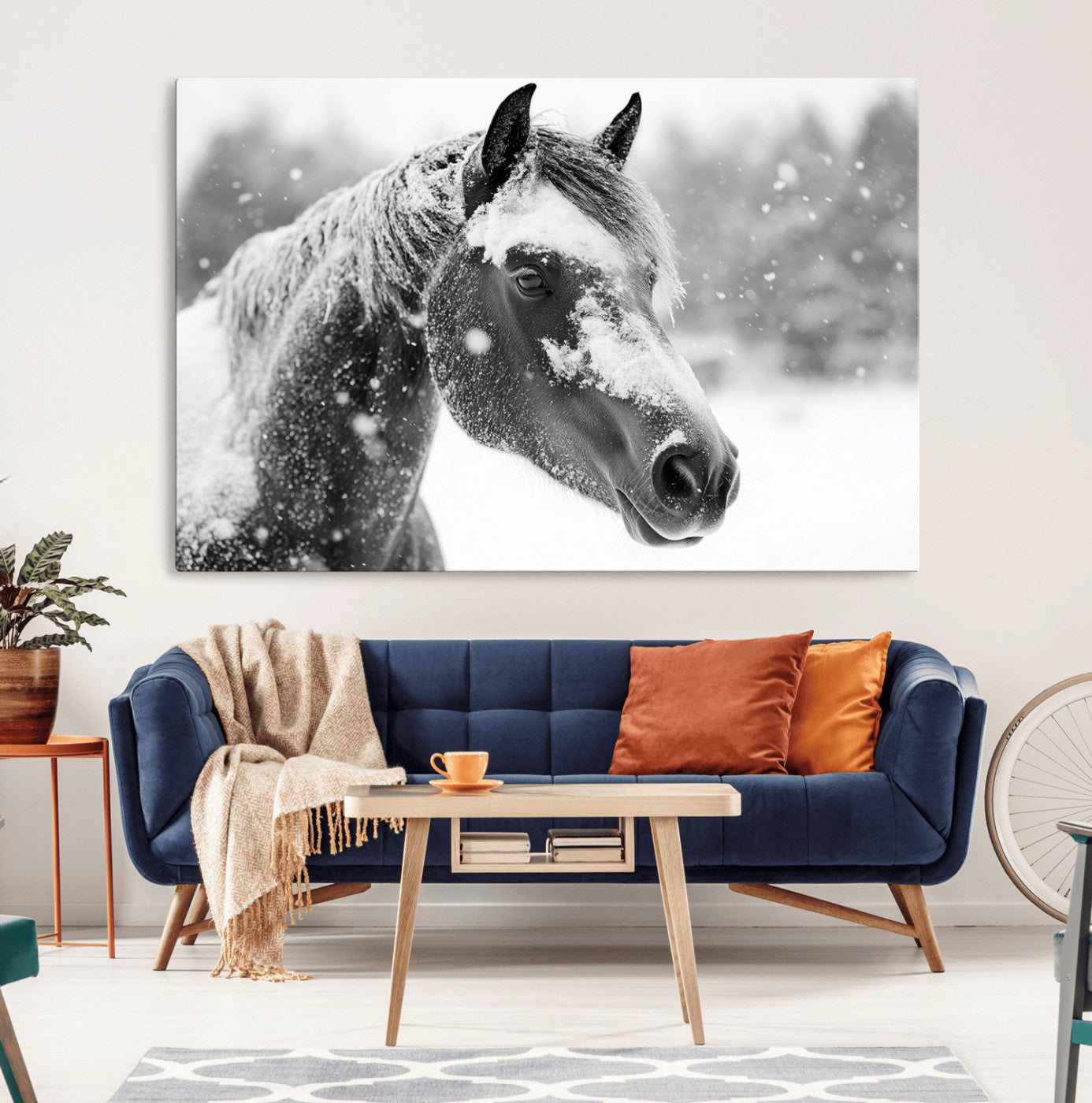 MGV-CV-36X24 - Black Horse Winter Wall Art | Ready to Hang and Framed | Farmhouse and Western Wall Decor for Living