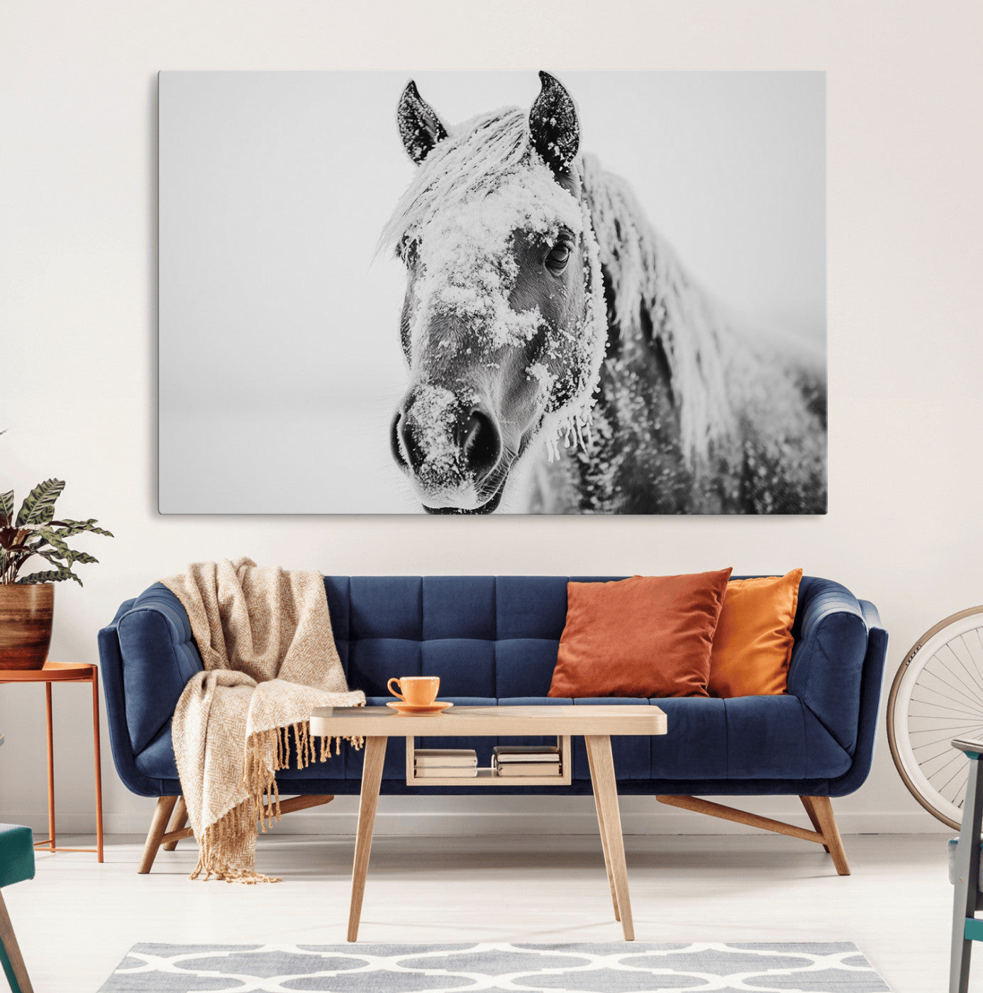 MGV-CV-36X24 - White Horse Wall Art | Ready to Hang and Framed | Winter Horse Wall Art Print for Farmhouse and