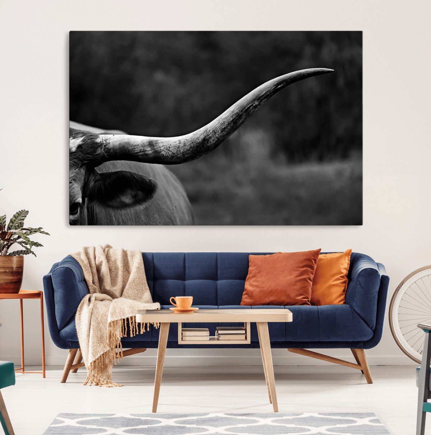 MGV-CV-36X24 - Cow Longhorn Wall Art | Black and White Print | Ready to Hang and Framed | Farmhouse Wall Decor |