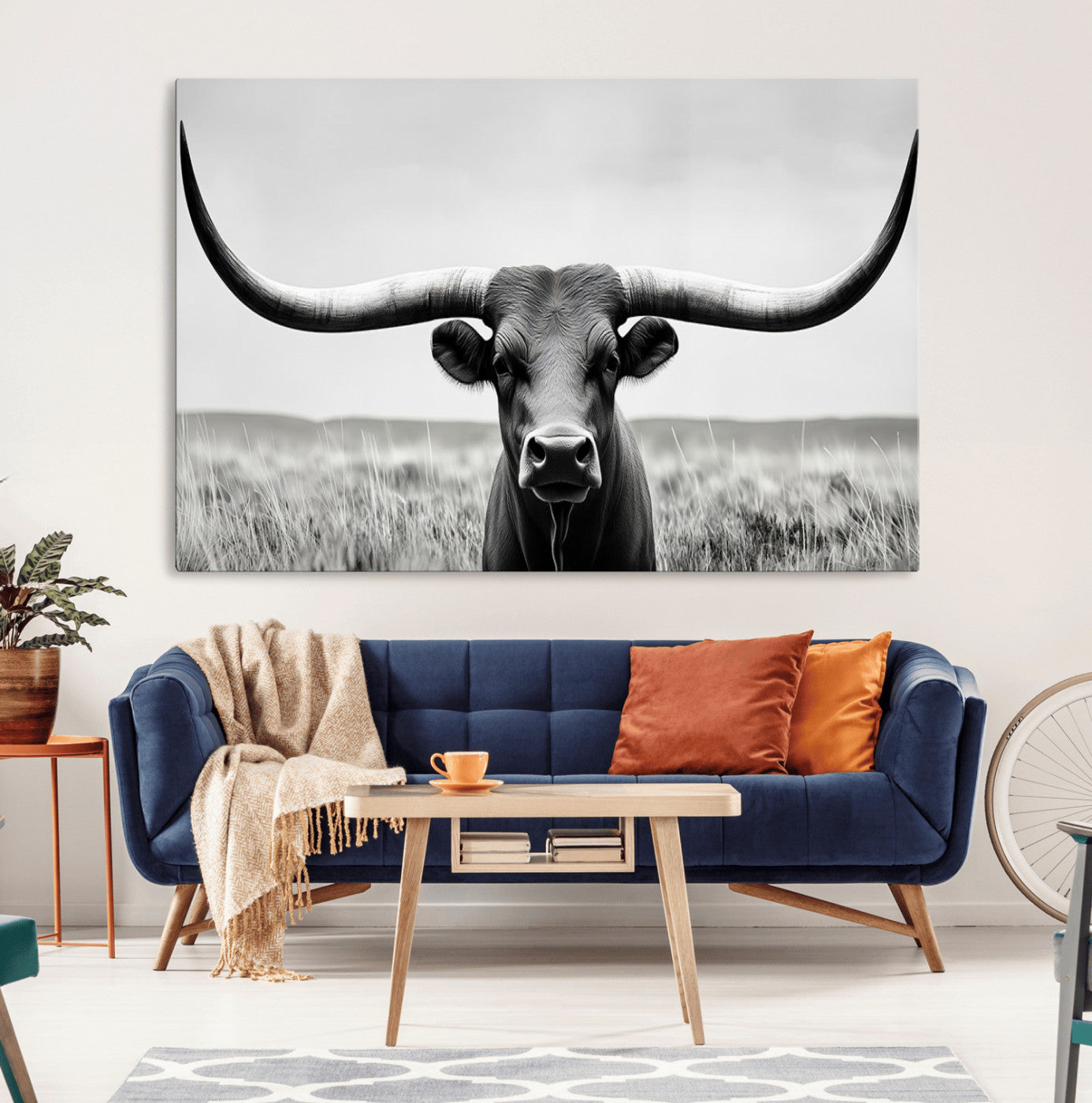 -Longhorn Bull Canvas Print | Rustic Farmhouse Wall Art | Western Decor | Ready to Hang and Framed