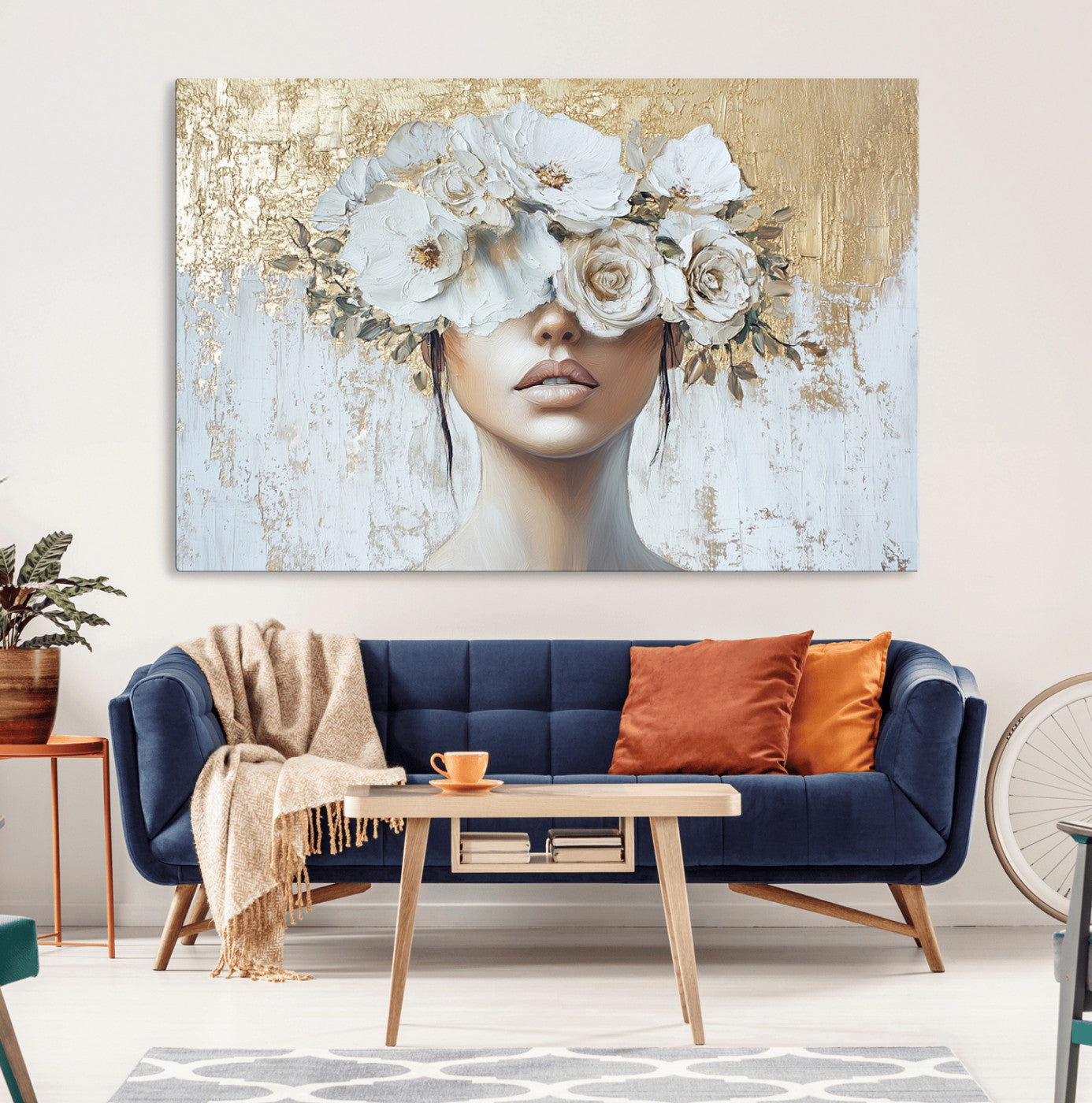 38498-MGV-CV-36X24-Golden Petal Wall Art - Canvas Print Flower Head Woman Painting Floral Woman Portrait Wall Decor,