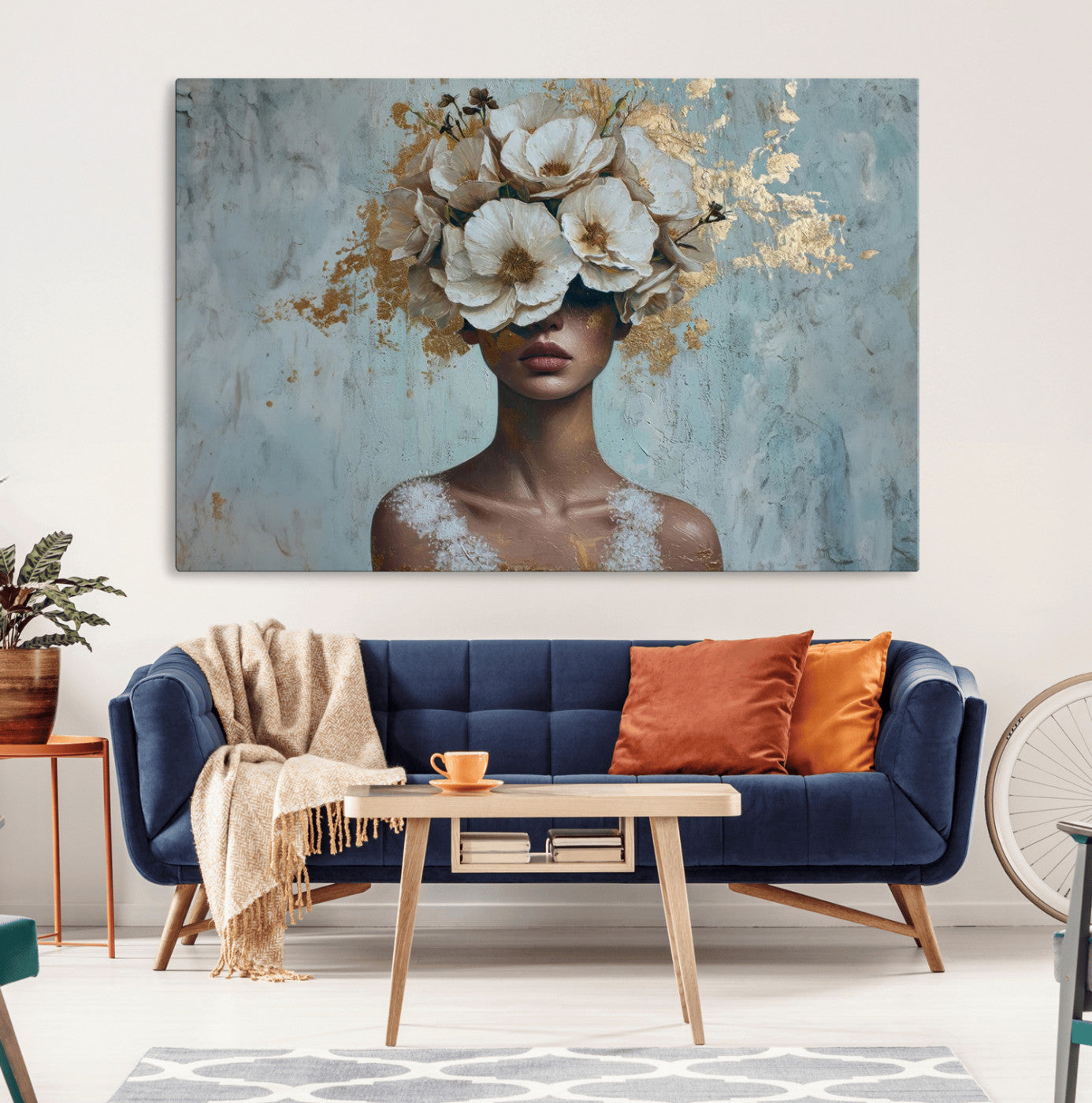 MGV-CV-36X24 - Golden Petal Wall Art - Petal Silhouette Woman Wall Art Canvas Print | Large 3-Panel Canvas with