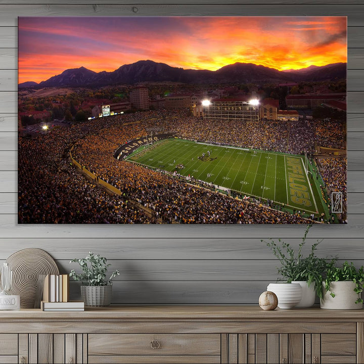 The living room showcases a lively wall art canvas print titled "Folsom Field - University of Colorado Buffaloes Football Stadium," capturing the essence of the University of Colorado.