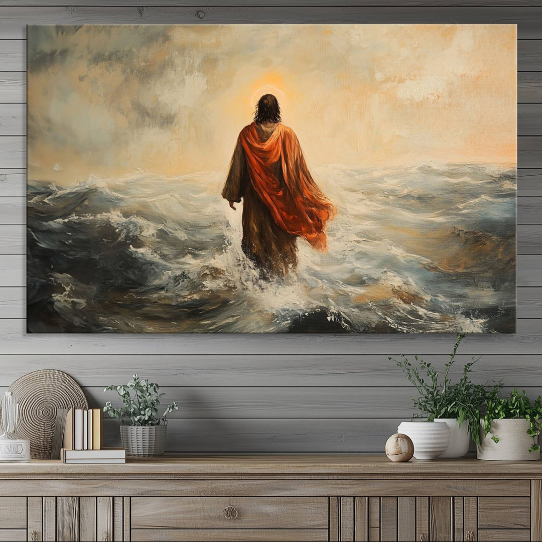 This triptych wall art, titled "Jesus Walking on Water," presents a figure in a red cloak crossing turbulent seas. It is perfect for those looking for religious home decor with a contemporary flair.