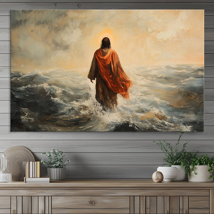 This triptych wall art, titled "Jesus Walking on Water," presents a figure in a red cloak crossing turbulent seas. It is perfect for those looking for religious home decor with a contemporary flair.