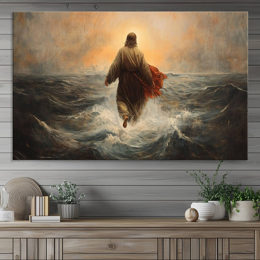 A modern living room is adorned with a triptych titled "Jesus Walking on Water, Christian Wall Art, Jesus Christ Walking on Oil Painting Style Print." The artwork, presented on museum-quality canvas, showcases vibrant colors and exquisite detail.