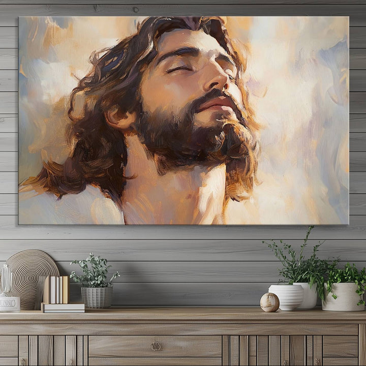 This museum-quality canvas print, titled "Jesus Portrait," features an oil painting style depiction of Jesus Christ with a closed-eyed expression. The high-resolution printing captures every detail beautifully.