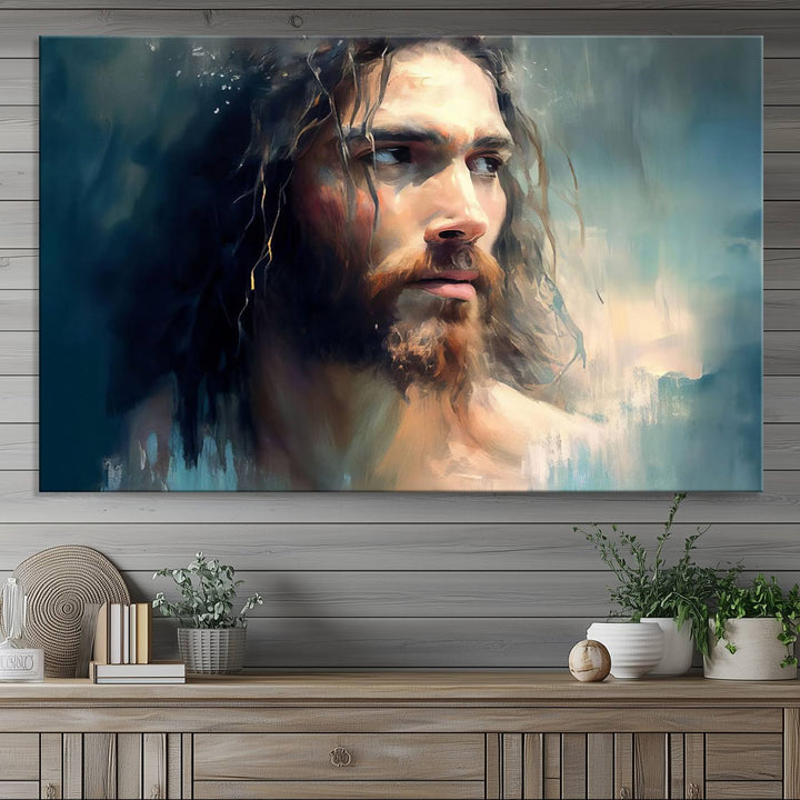 The Jesus Portrait Wall Art Canvas Print, featuring a depiction of a man with long hair and a beard, is showcased on a wooden wall. This Christian Wall Art is rendered on museum-quality canvas, highlighting the mastery of high-resolution printing in an oil painting style.