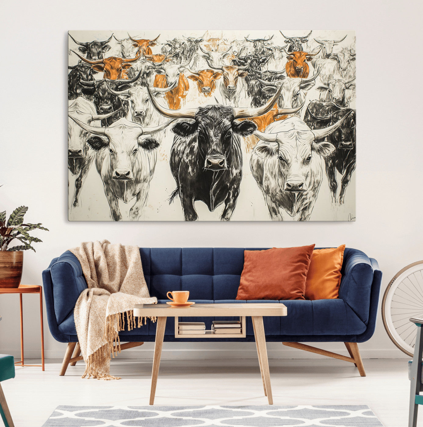 79794-MGV-CV-36X24-Texas Longhorn Wall Art Canvas Print – Herd Abstract Cow Drawing Western Ranch Animal Artwork for Home, Office