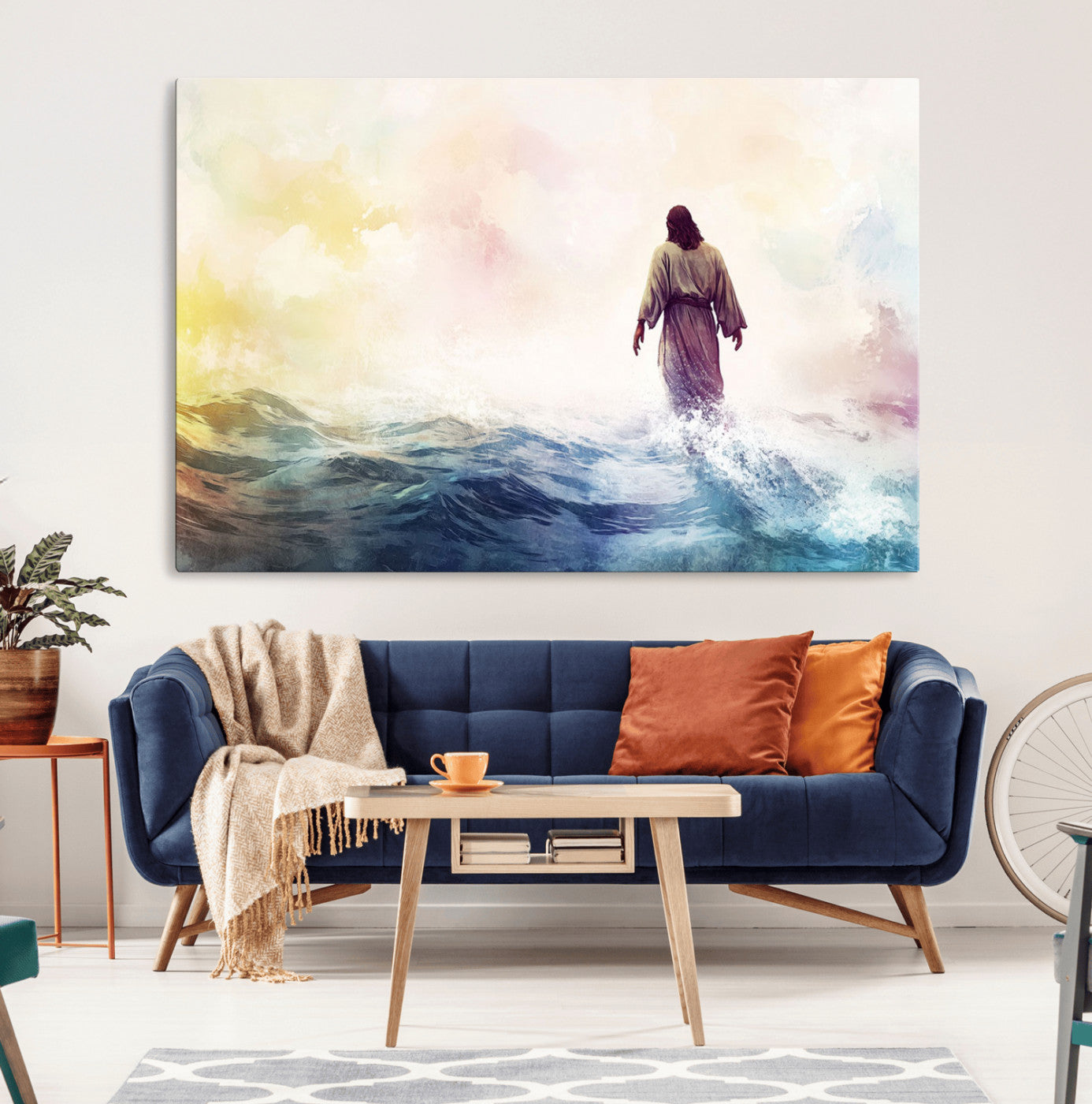 MGV-CV-36X24 - Watercolor Jesus Walking on Water Canvas Print, Christian Wall Art, Jesus Christ Walking
