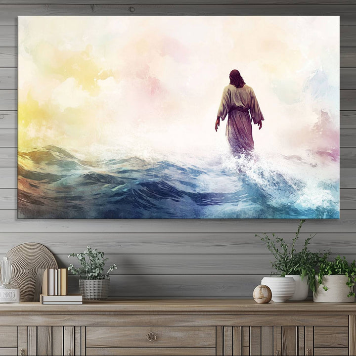 Watercolor Jesus Walking on Water Canvas Print, Christian Wall Art, Jesus Christ Walking