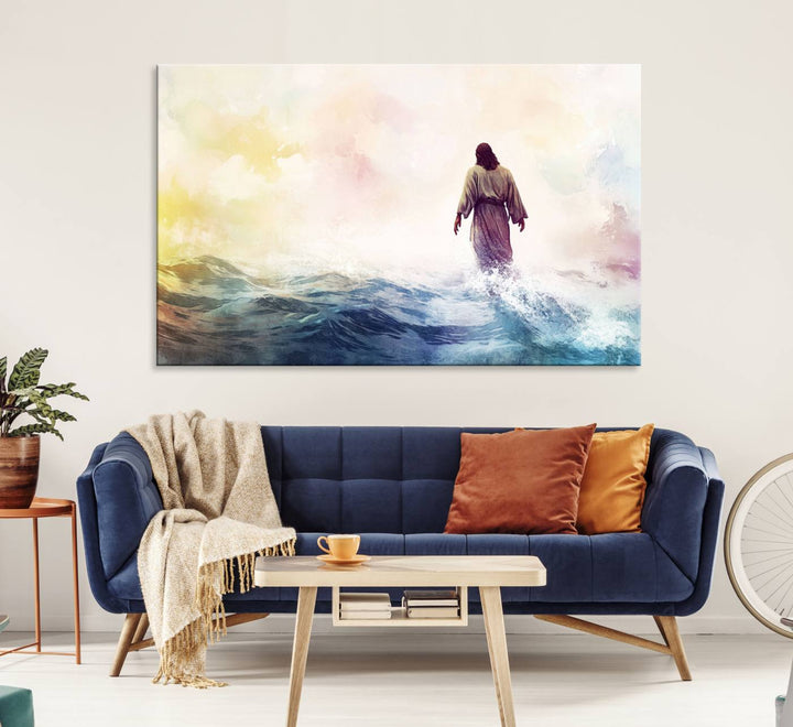 A robed figure strides on water in gentle waves, evoking the Watercolor Jesus Walking on Water canvas art.