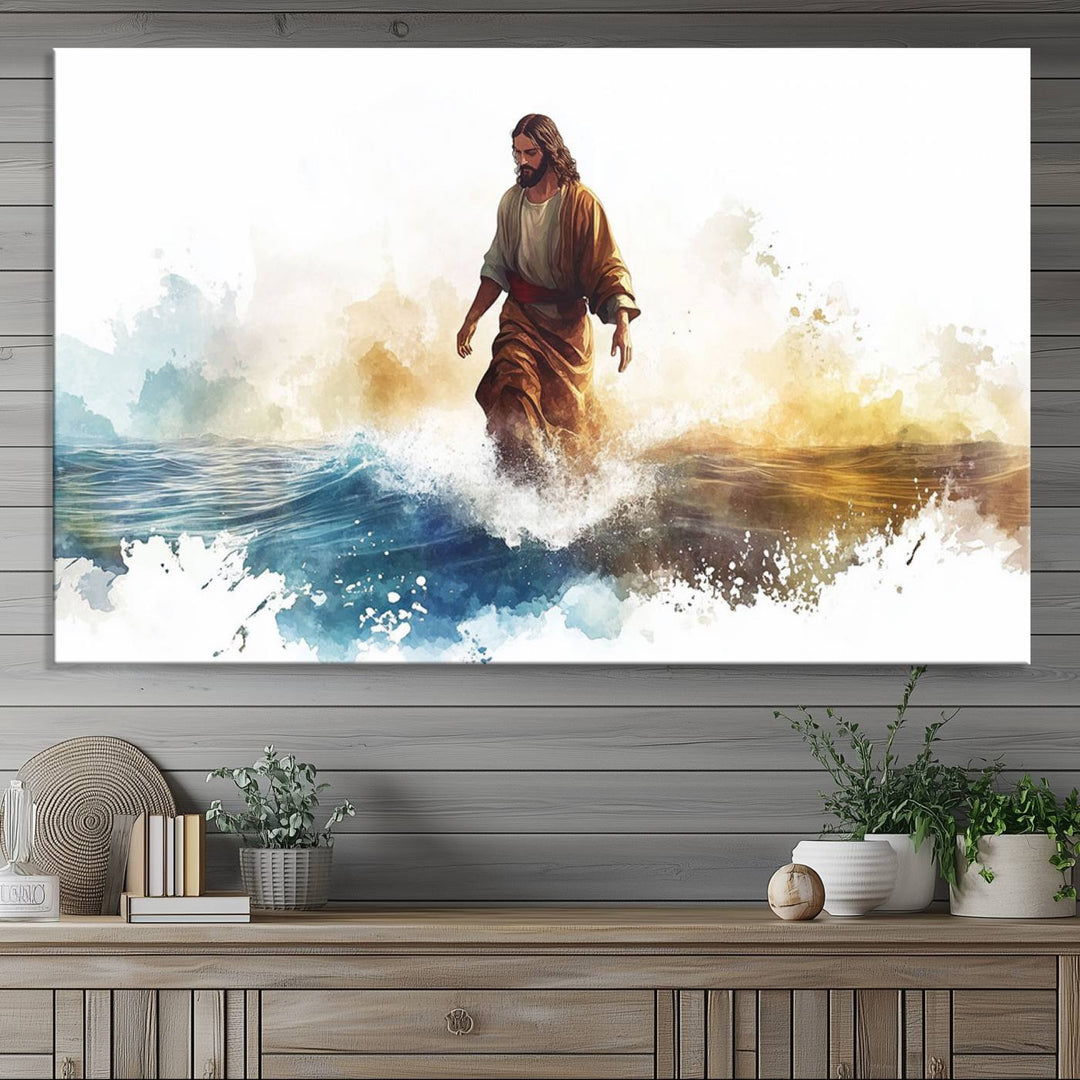 Watercolor Jesus Walking on Water Canvas Print, Christian Wall Art, Jesus Christ Walking