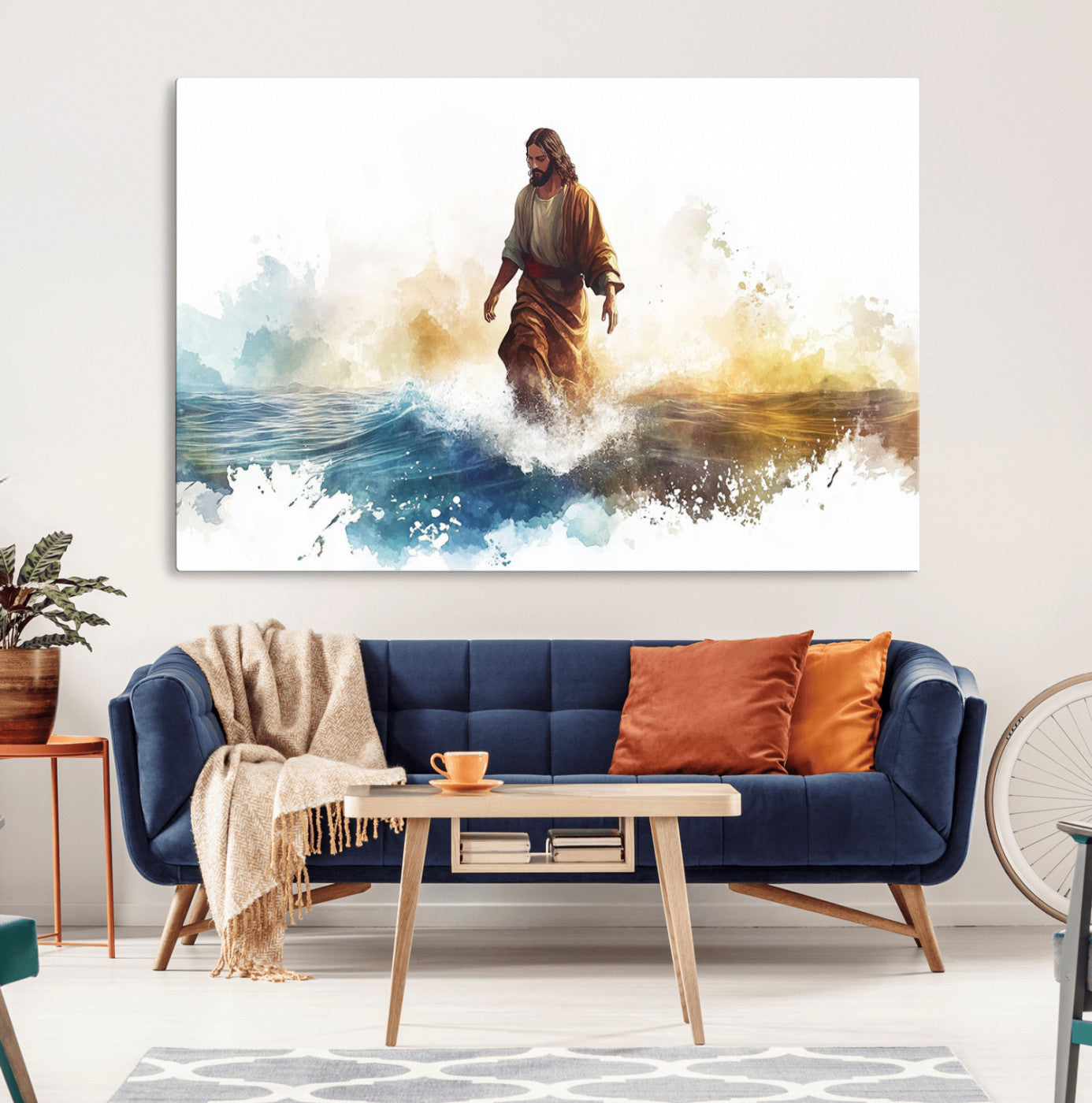 MGV-CV-36X24 - Watercolor Jesus Walking Wall Art Print, Jesus Water Canvas Print, Christian Wall Art, Jesus Christ
