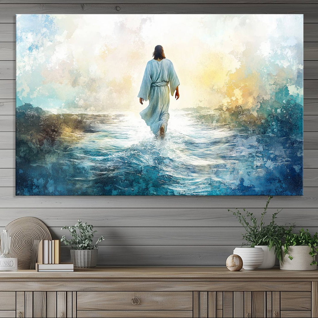 Watercolor Jesus Walking on Water Canvas Print, Christian Wall Art, Jesus Christ Walking