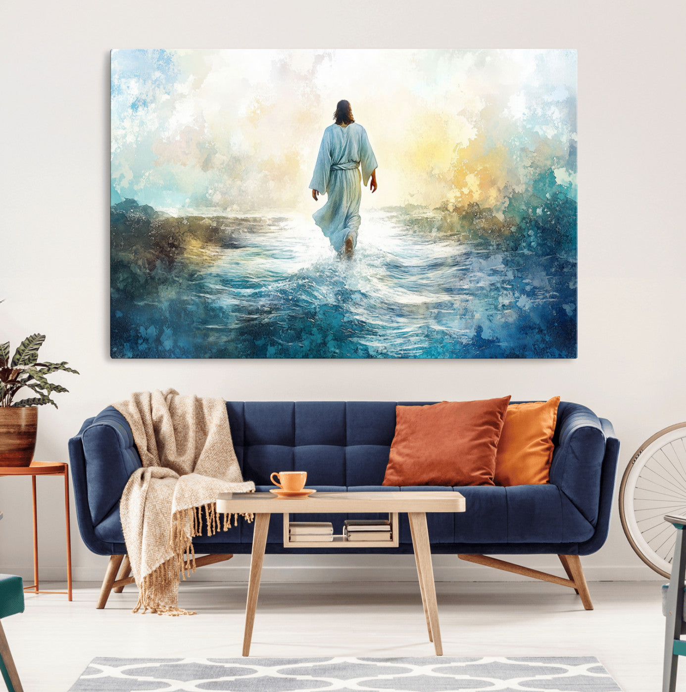 MGV-CV-36X24 - Watercolor Jesus Walking on Water Canvas Print, Christian Wall Art, Jesus Christ Walking