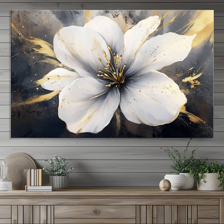 White Flower Wall Art | Canvas Print | Ready to Hang | Abstract Floral Wall Decor | Elegant Bloom Artwork | Framed for Living Room or Bedroom