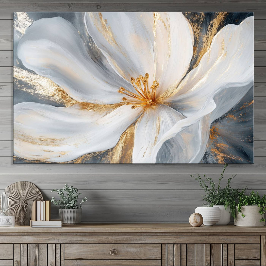 White and Gold Floral Canvas Wall Art - Framed and Ready to Hang - Perfect for Modern Living Rooms