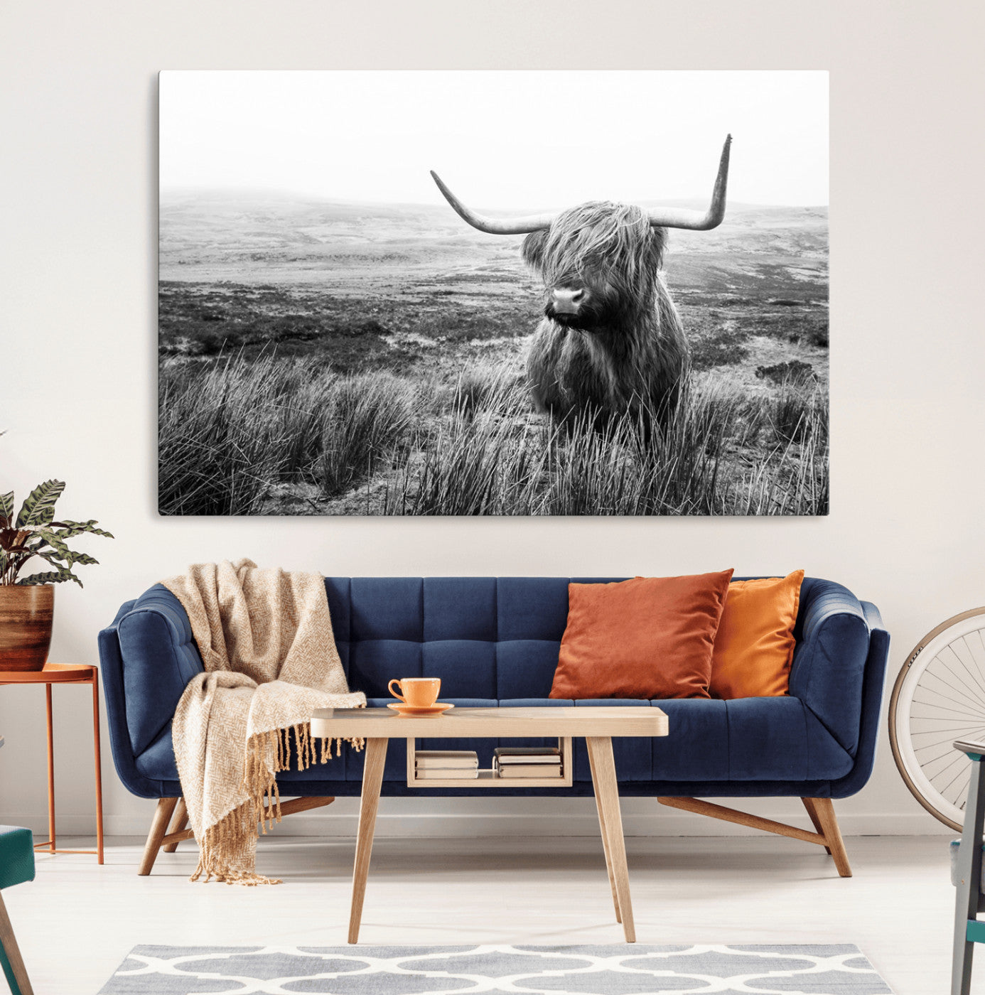 MGV-CV-36X24 - Scottish Highland Cow Wall Art | Black and White Canvas Print | Ready to Hang and Framed | Rustic