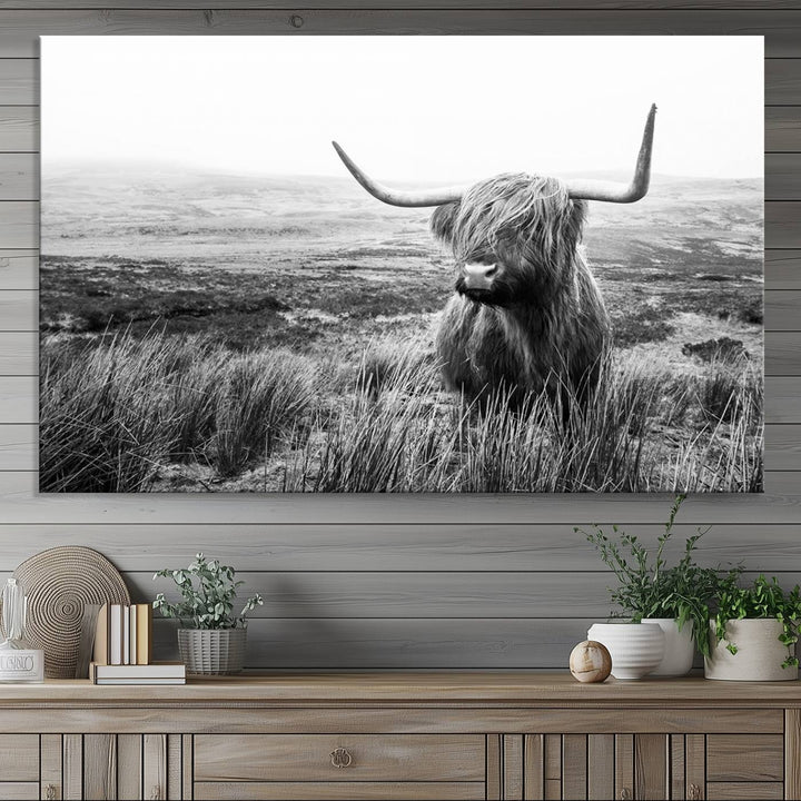 Scottish Highland Cow Wall Art | Black and White Canvas Print | Ready to Hang and Framed | Rustic Farmhouse Wall Decor for Living Room or Office