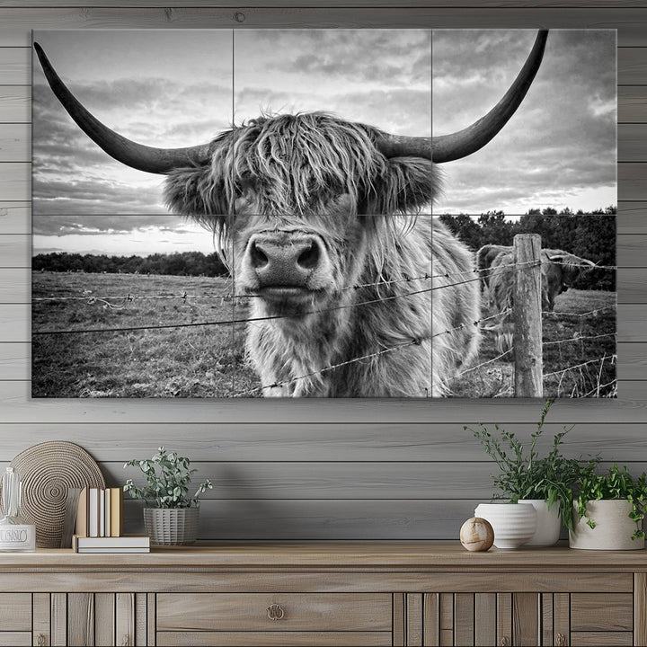 Scottish Highland Cow Wall Art Canvas Print | Ready to Hang and Framed | Rustic Farmhouse Decor