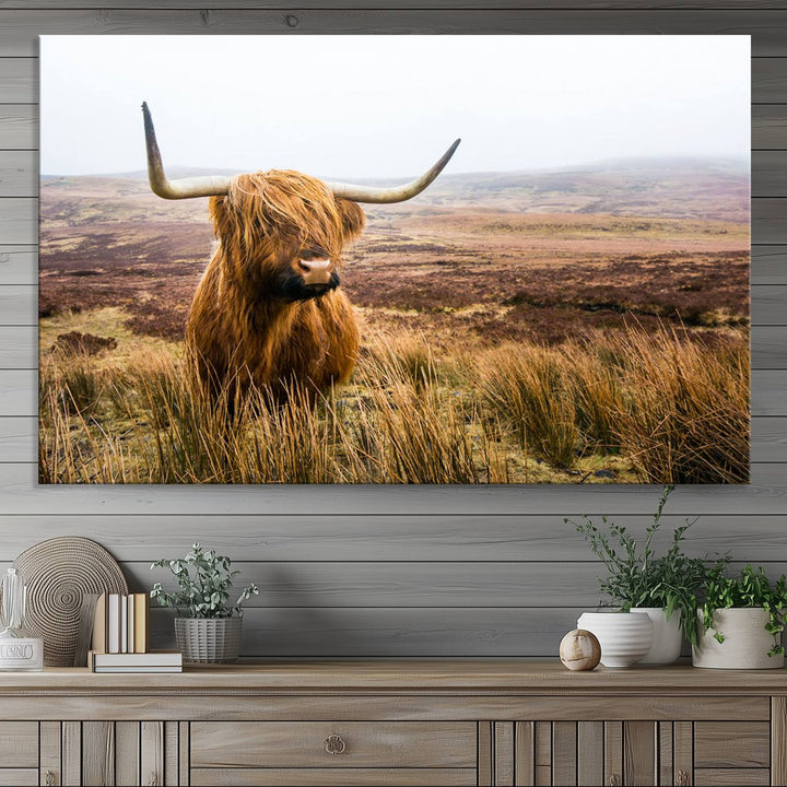 Scottish Highland Cow Wall Art Canvas Print | Ready to Hang and Framed | Rustic Farmhouse Decor for Living Room or Cabin