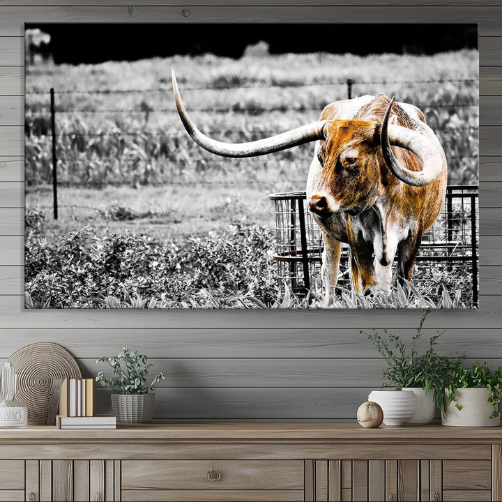 Majestic Texas Longhorn Cow Wall Art | Rustic Farmhouse Décor | Ready to Hang Canvas Print