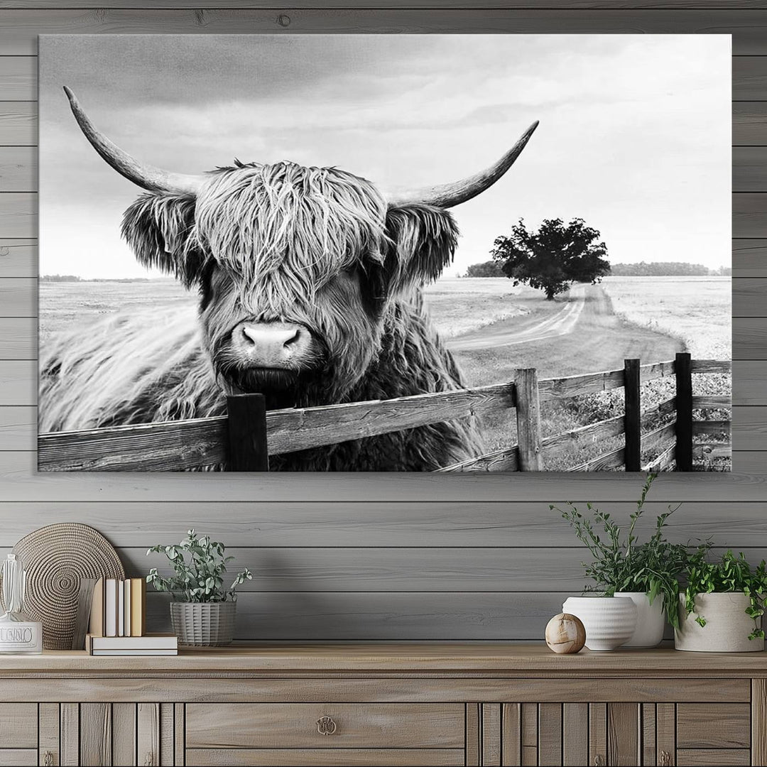 Scottish Highland Cow Wall Art | Rustic Farmhouse Décor | Black and White Ready to Hang Canvas Print