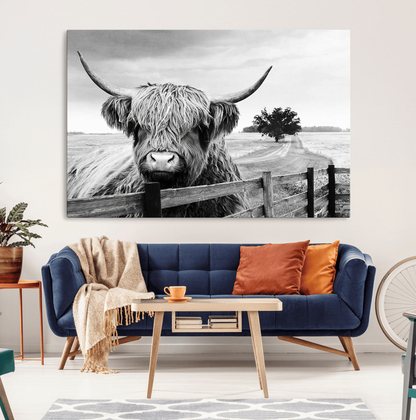 -Scottish Highland Cow Wall Art | Rustic Farmhouse Décor | Black and White Ready to Hang Canvas Print