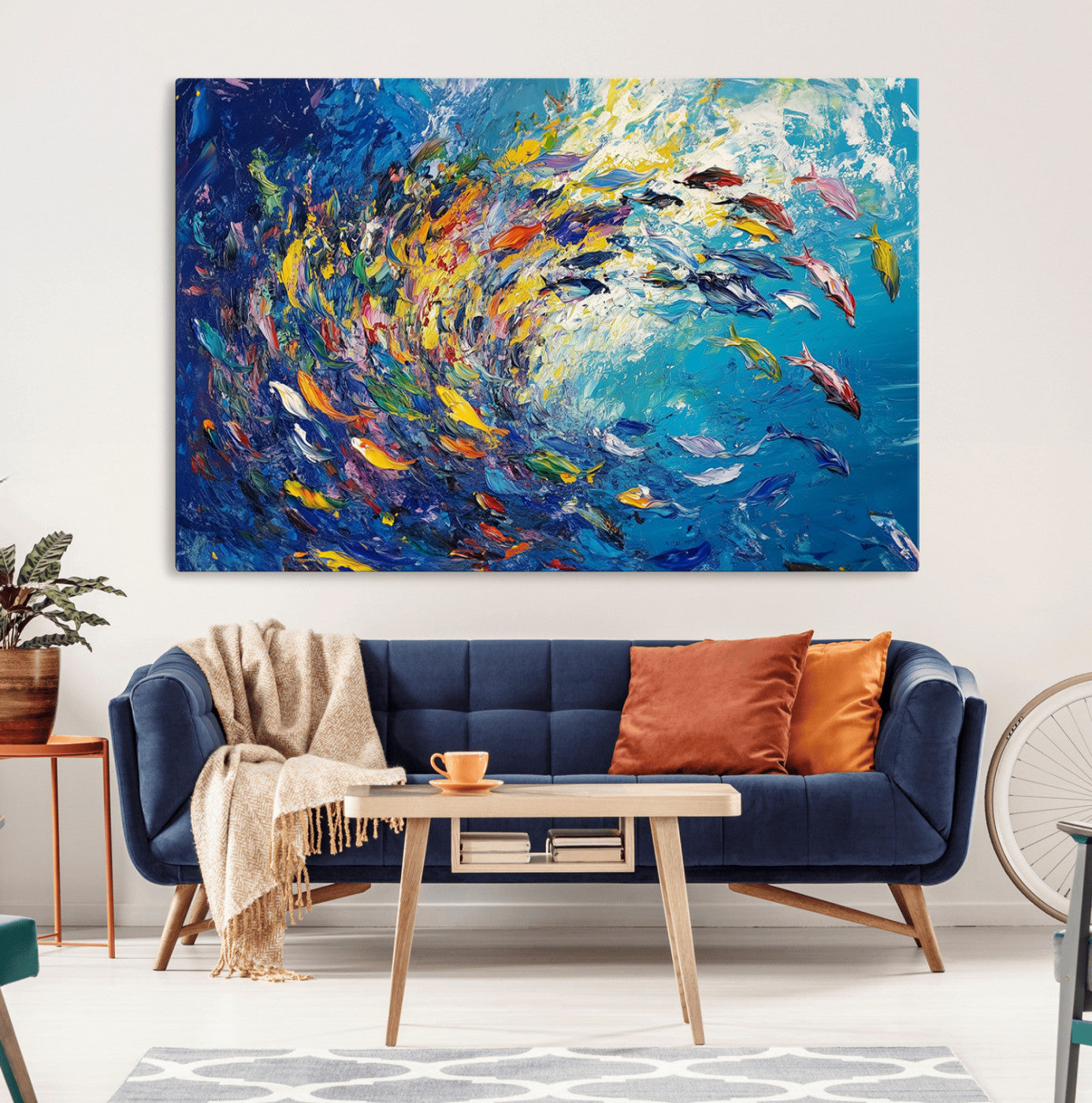 MGV-CV-36X24 - Colorful Swirling Fish School Wall Art Canvas Print | Oceanic Abstract Painting | Ready to Hang |
