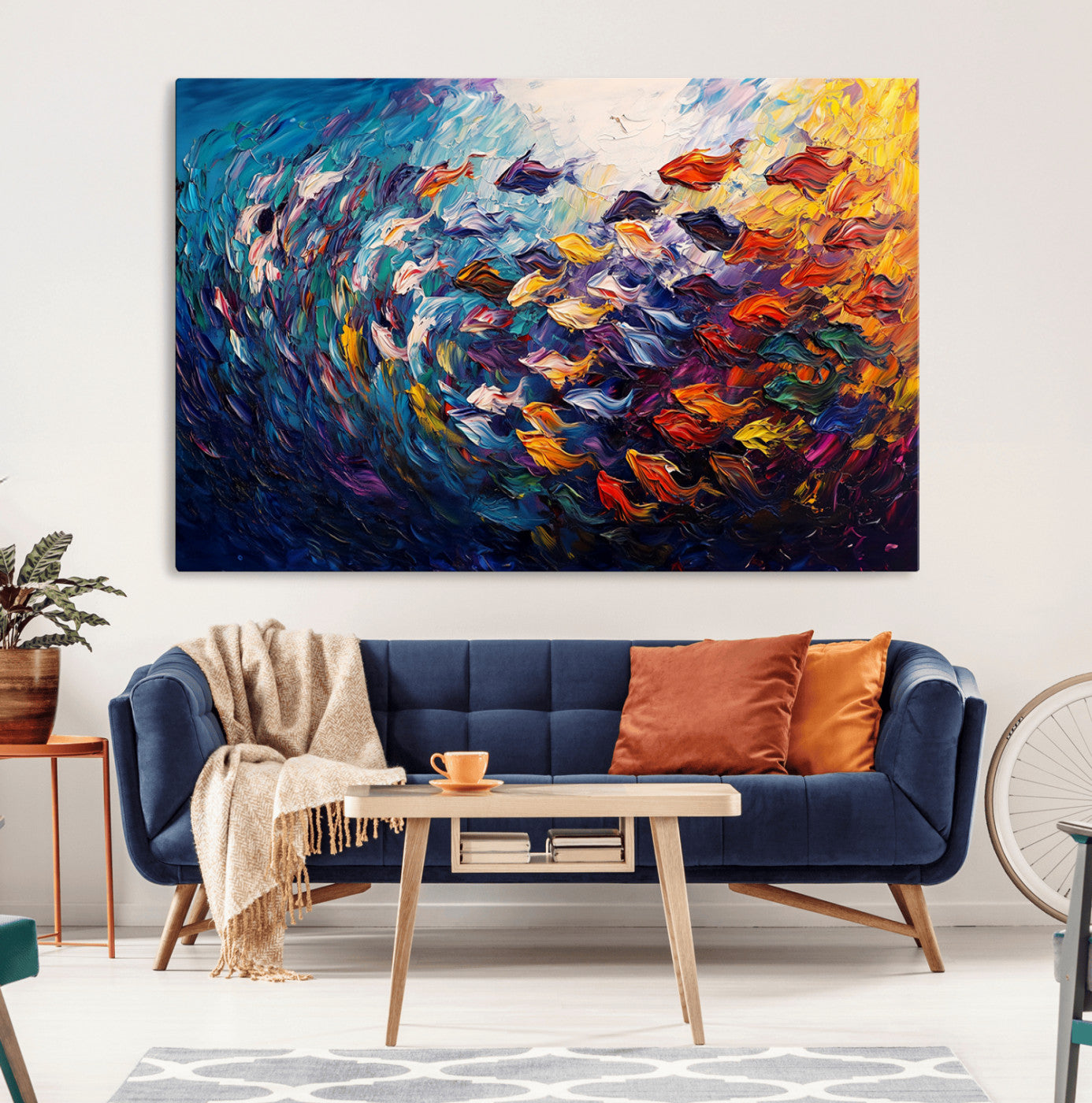 MGV-CV-36X24 - Vibrant Abstract Fish Swarm Art – Colorful Fish Inspired 3-Piece Canvas Wall Art for Living Room or
