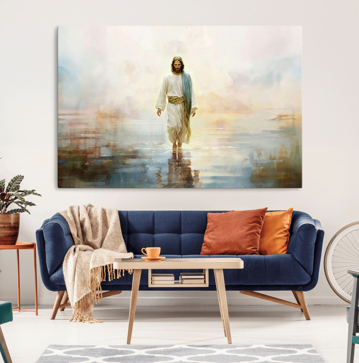 MGV-CV-36X24 - Framed Jesus Walking on Water Wall Art - 3-Panel Christian Canvas Prints, Religious Artwork for