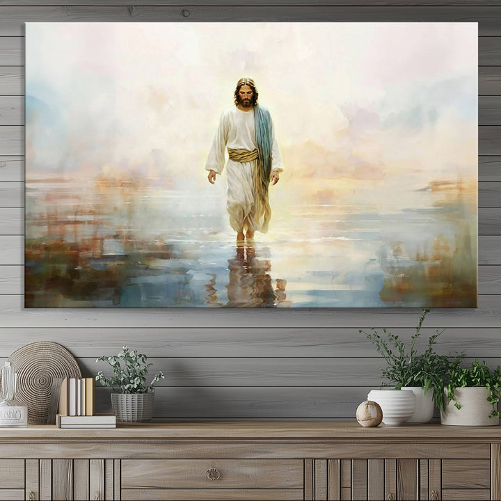 The 3-panel Framed Jesus Walking on Water Wall Art showcases a serene religious scene.