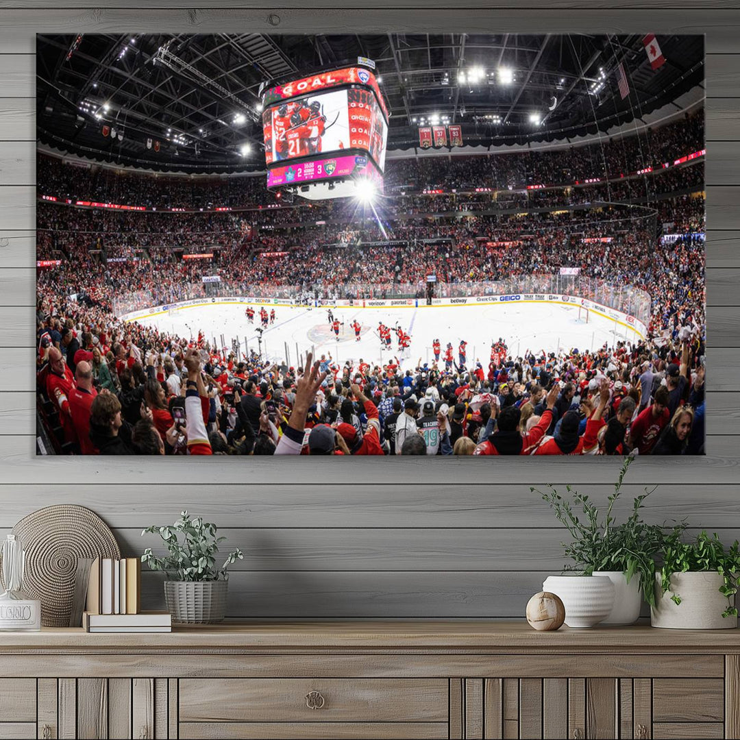 The wall art, a high-quality basketball arena canvas, evokes the excitement of fans cheering at the Amerant Bank Arena.