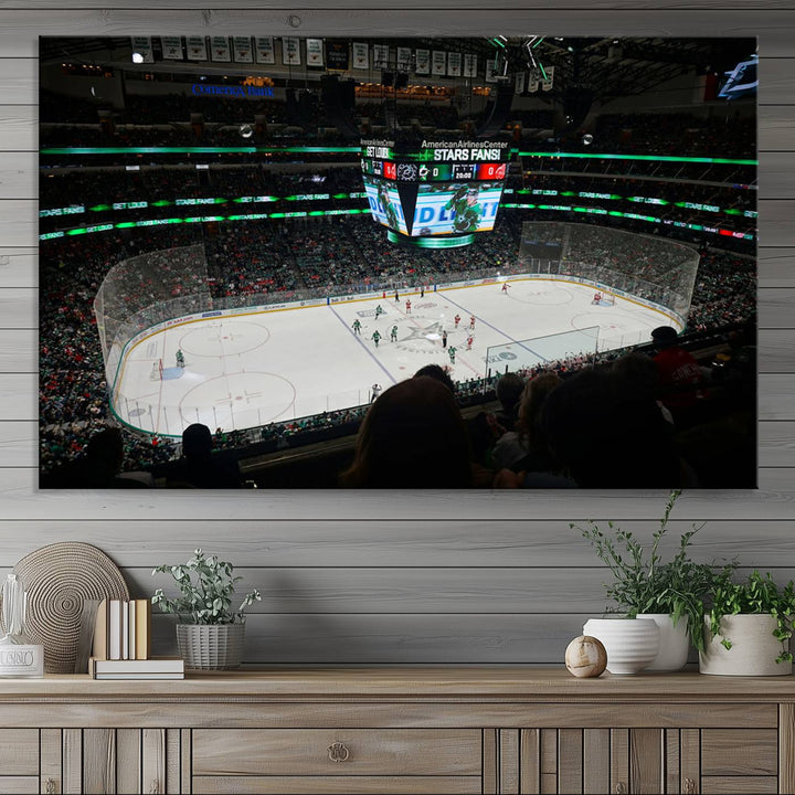 The Dallas Stars Wall Art Canvas Print is as clear as the scoreboard stats at a hockey game in a large arena with bright lights.