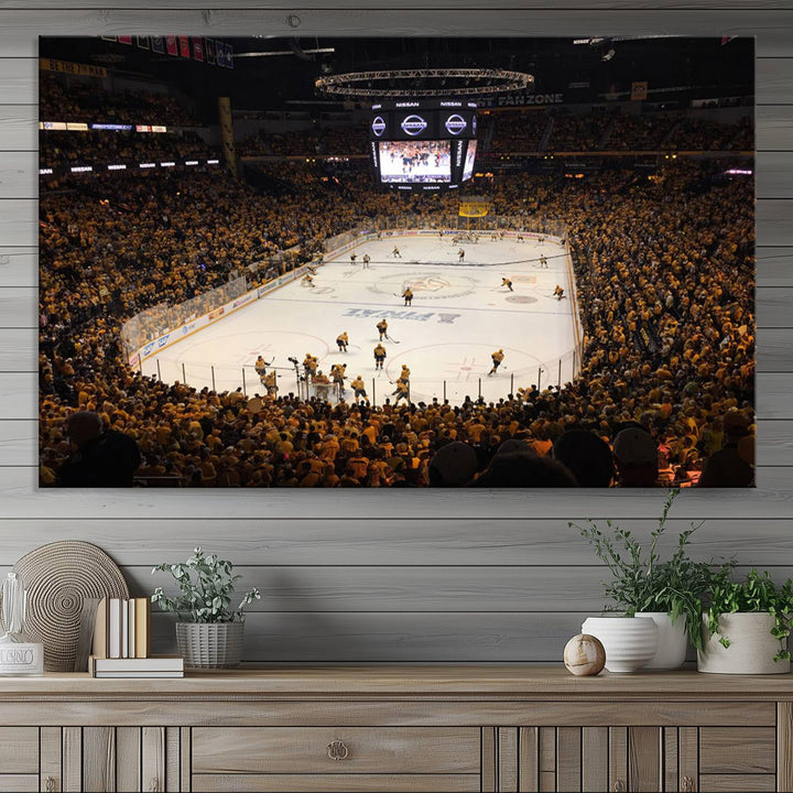 A captivating triptych canvas print, titled "Bridgestone Arena - Nashville Predators Hockey Team Print," adorns the wall. This Nashville wall art canvas print is perfect for Predators fans who appreciate sports-themed decor.