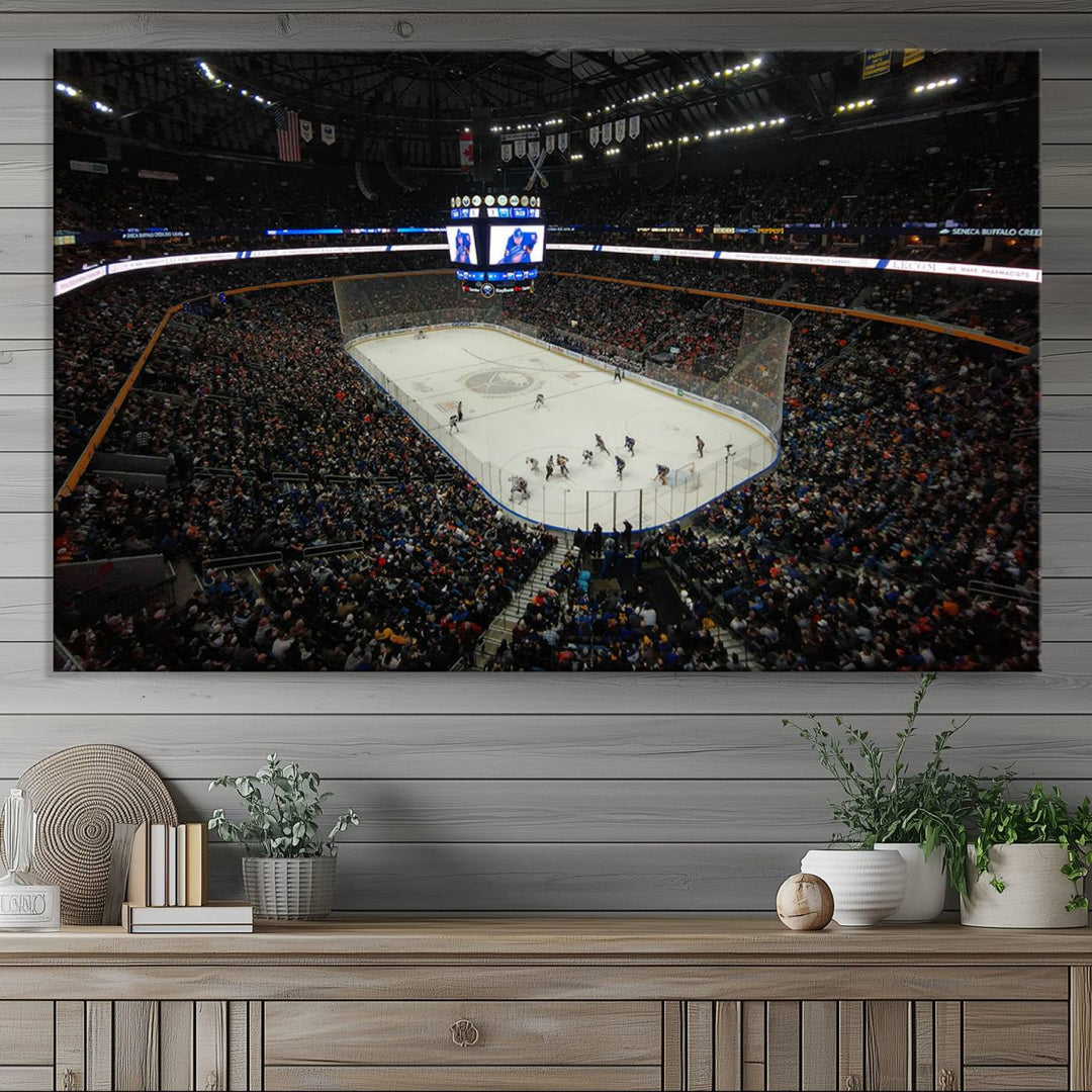 The nautical-themed room is enhanced by the KeyBank Center New York Buffalo Sabres Hockey Stadium Wall Art Canvas Print, a three-panel depiction of a bustling hockey arena with a gallery-quality finish. This canvas artwork, handmade in the USA, introduces an element of sporting elegance to your decor.