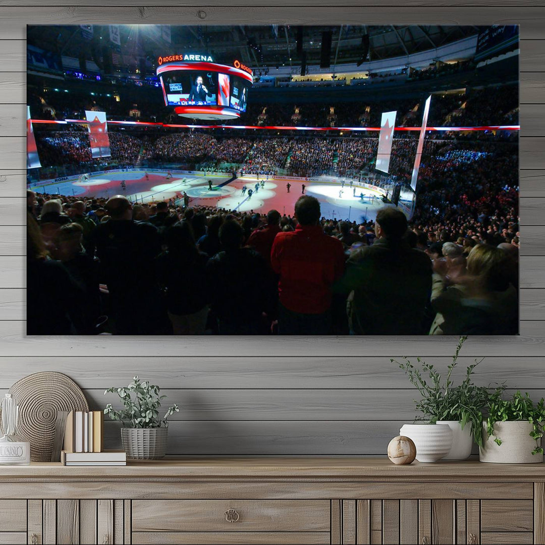 Experience the intense atmosphere of a full-capacity ice hockey game at Rogers Arena, home of the Vancouver Canucks, captured on museum-quality canvas.