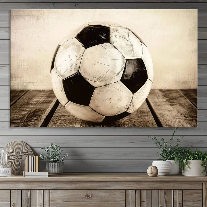 Vintage Soccer Ball Triptych Canvas Art – 3-Panel Soccer Wall Decor, Framed and Ready to Hang Sports Art for Home, Office, or Gym