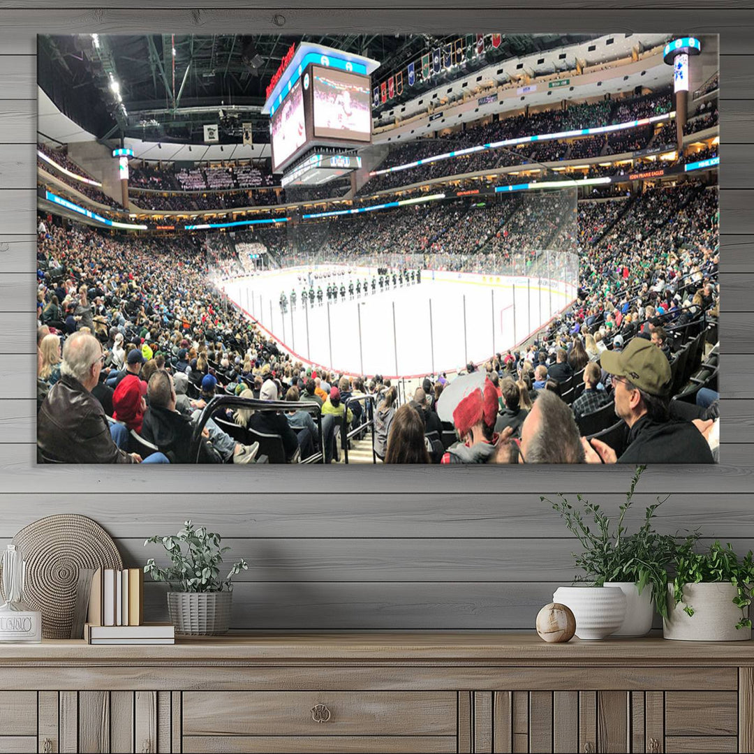 The Xcel Energy Center St Paul Minnesota Wild Ice Hockey Stadium Wall Art Canvas Print captures a packed hockey arena with spectators watching players on the ice. It is elegantly preserved on museum-quality canvas with vibrant details protected by a UV-protective coating.