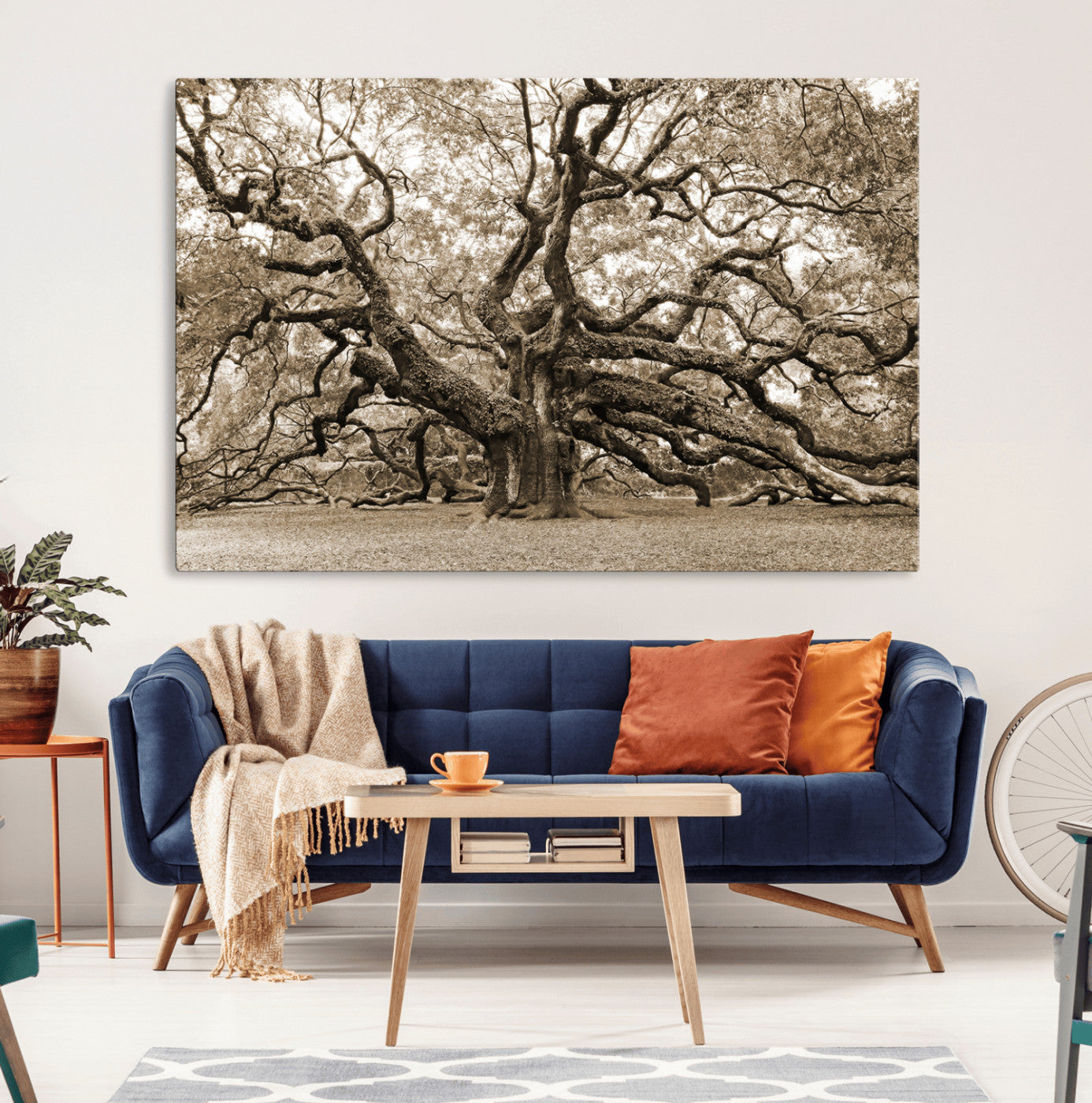 MGV-CV-36X24 - Sepia Framed Angel Oak Tree Wall Art - 3-Panel Canvas Prints, Large Green Nature Artwork, Ready to
