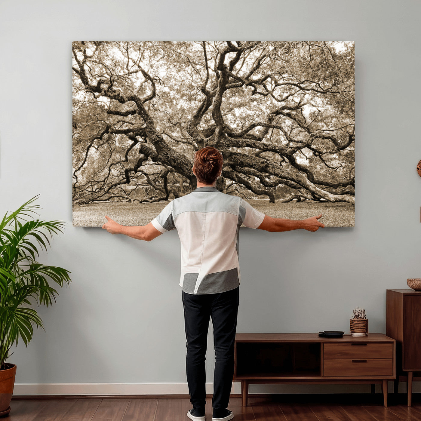 51126-MGV-CV-36X24 - Sepia Framed Angel Oak Tree Wall Art - 3-Panel Canvas Prints, Large Green Nature Artwork, Ready to